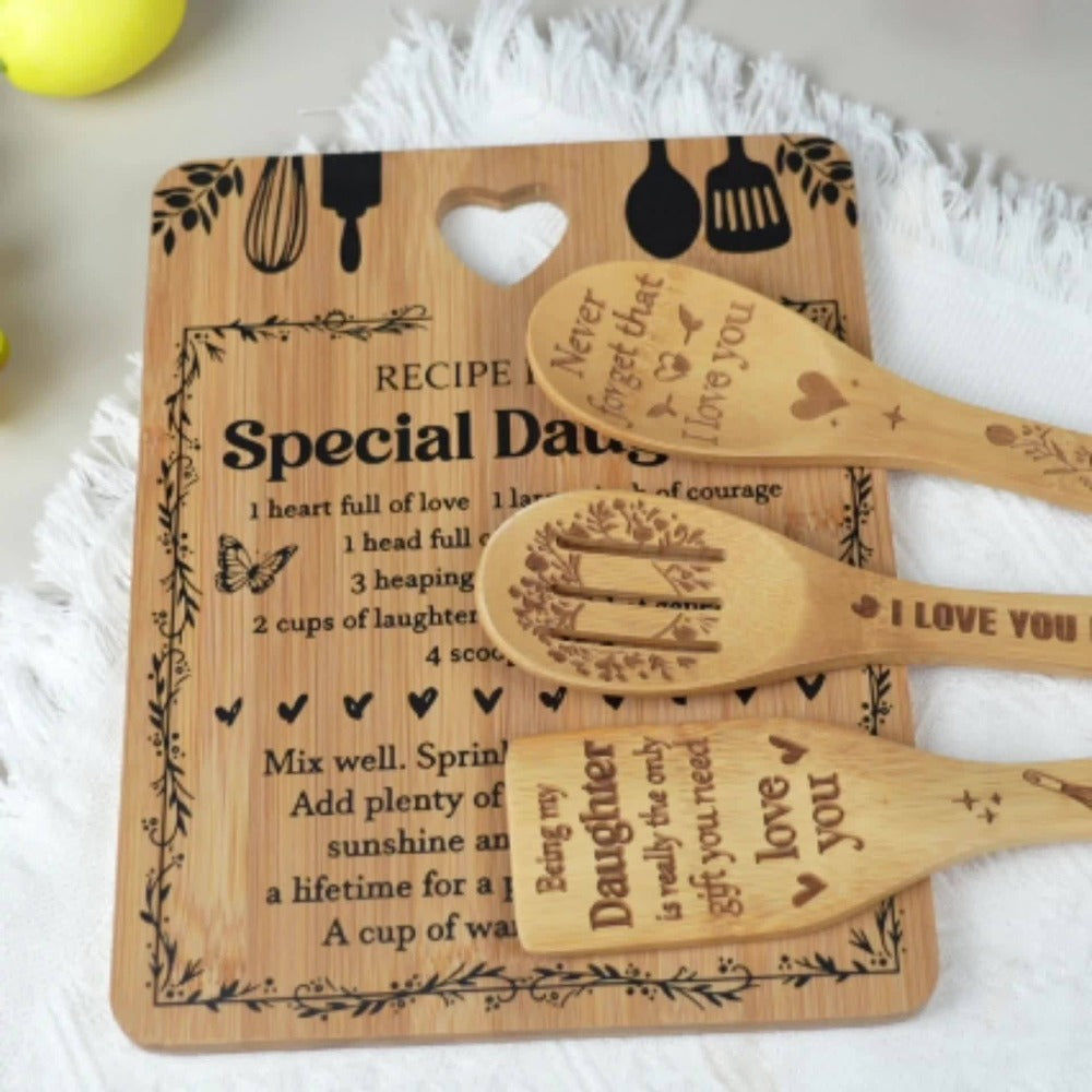Engraved Bamboo Cutting Board Gift Set for Daughter, Recipe for a Special Daughter Kitchen Utensil Set, Personalized Birthday Christmas Gifts for Daughter from Mom Dad, Unique Sentimental Kitchen Gift