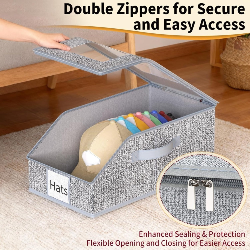 3-Pack Stackable Hat Organizer Box for Baseball Caps with Clear Window Lid, Foldable Cap Storage Holder for Closet Bedroom Shelf