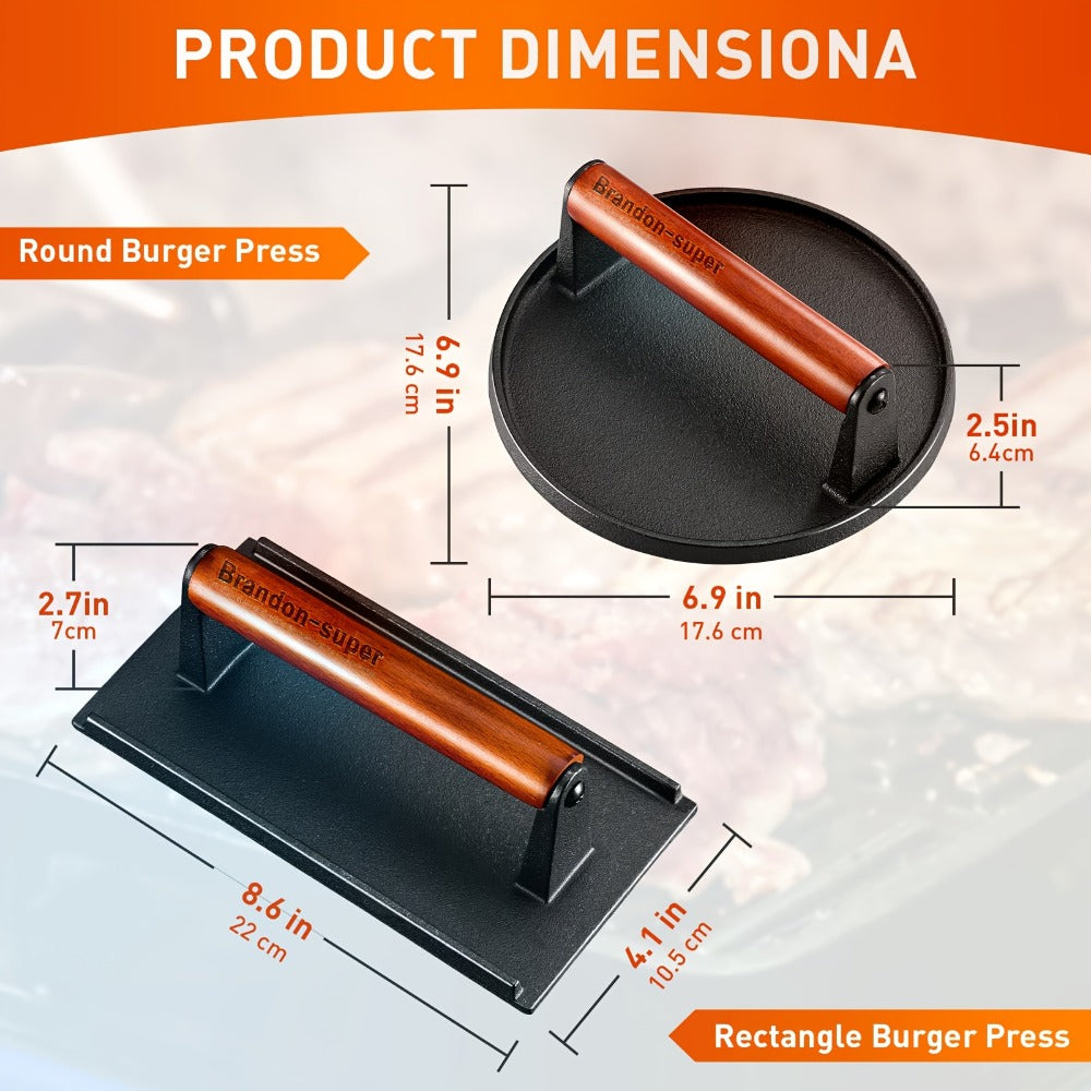 Cast Iron Burger Press Kit 2pcs - Round & Rectangular Heavy Duty Meat Press with Wooden Handle for Smash Burgers, Sandwiches, BBQ, Camping