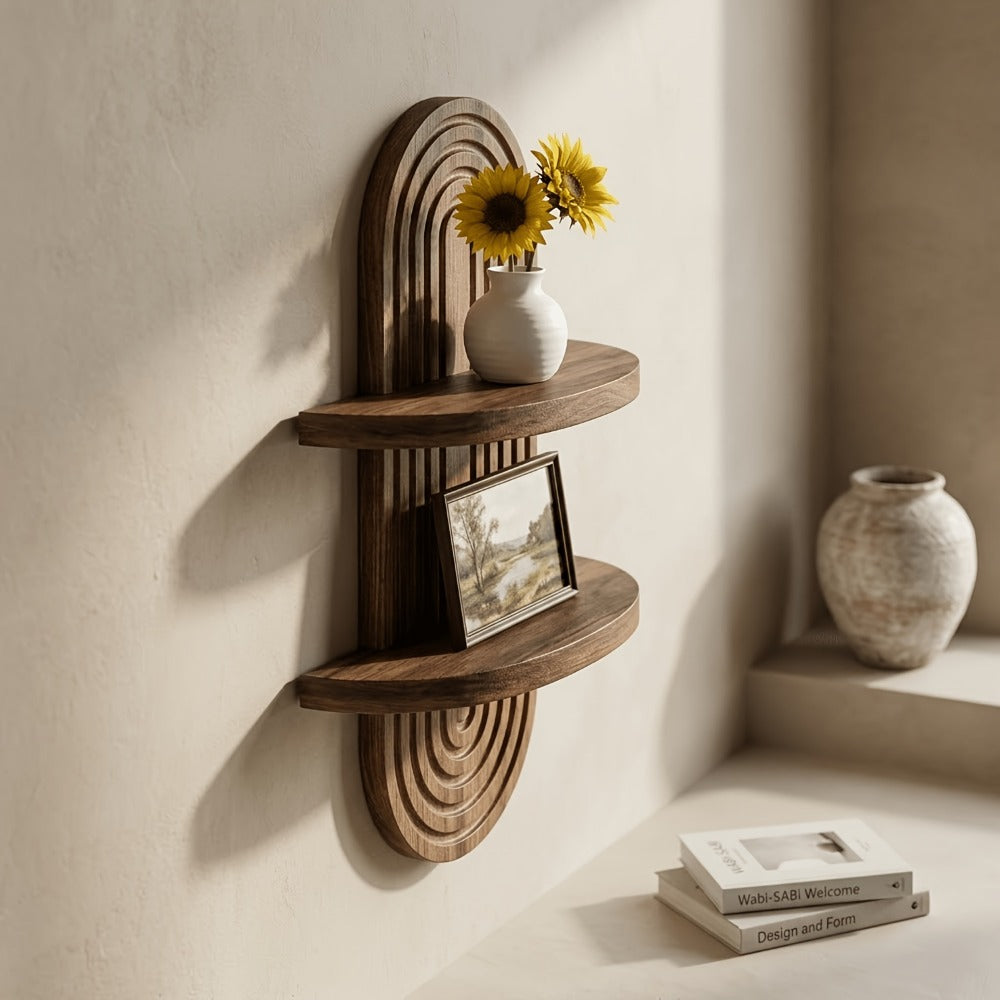 Floating Shelves Wood 2-Tier Bohemian Rainbow Arch Wall Shelf Hanging Plant Stand Flower Pot Display Rack Living Room Bedroom Kitchen Entryway Decor