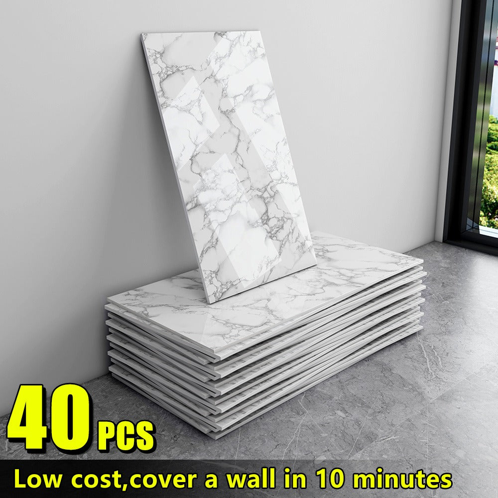 Marble Peel and Stick Wall Panels Self-Adhesive 3D Decorative Tiles - Glossy Marble Sheets for Bathroom Kitchen Living Room - Removable Vinyl Planks White Grey Black Imitation Stone DIY Home Decor