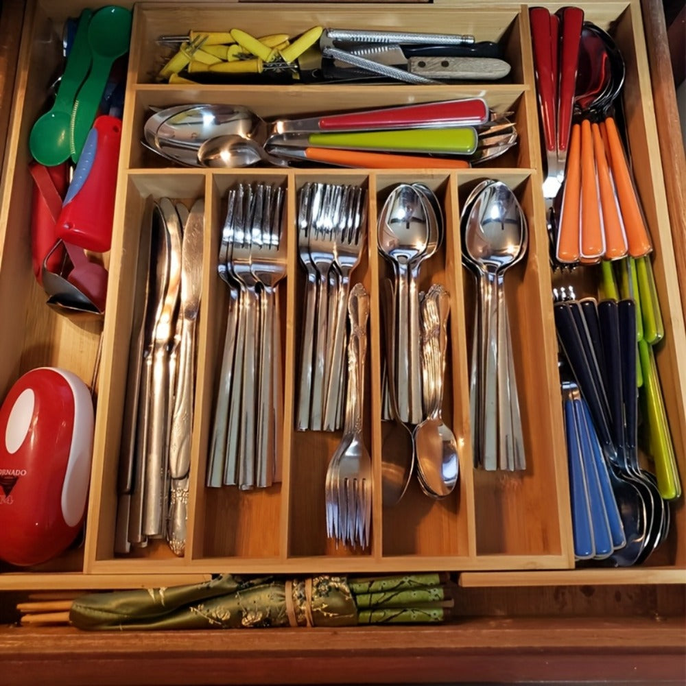Bamboo Drawer Organizer Expandable Utensil Tray | Adjustable Silverware Organizer for Kitchen Drawers | 5 or 9 Compartments Cutlery Divider for Fork Spoon Knife Kitchen Tools