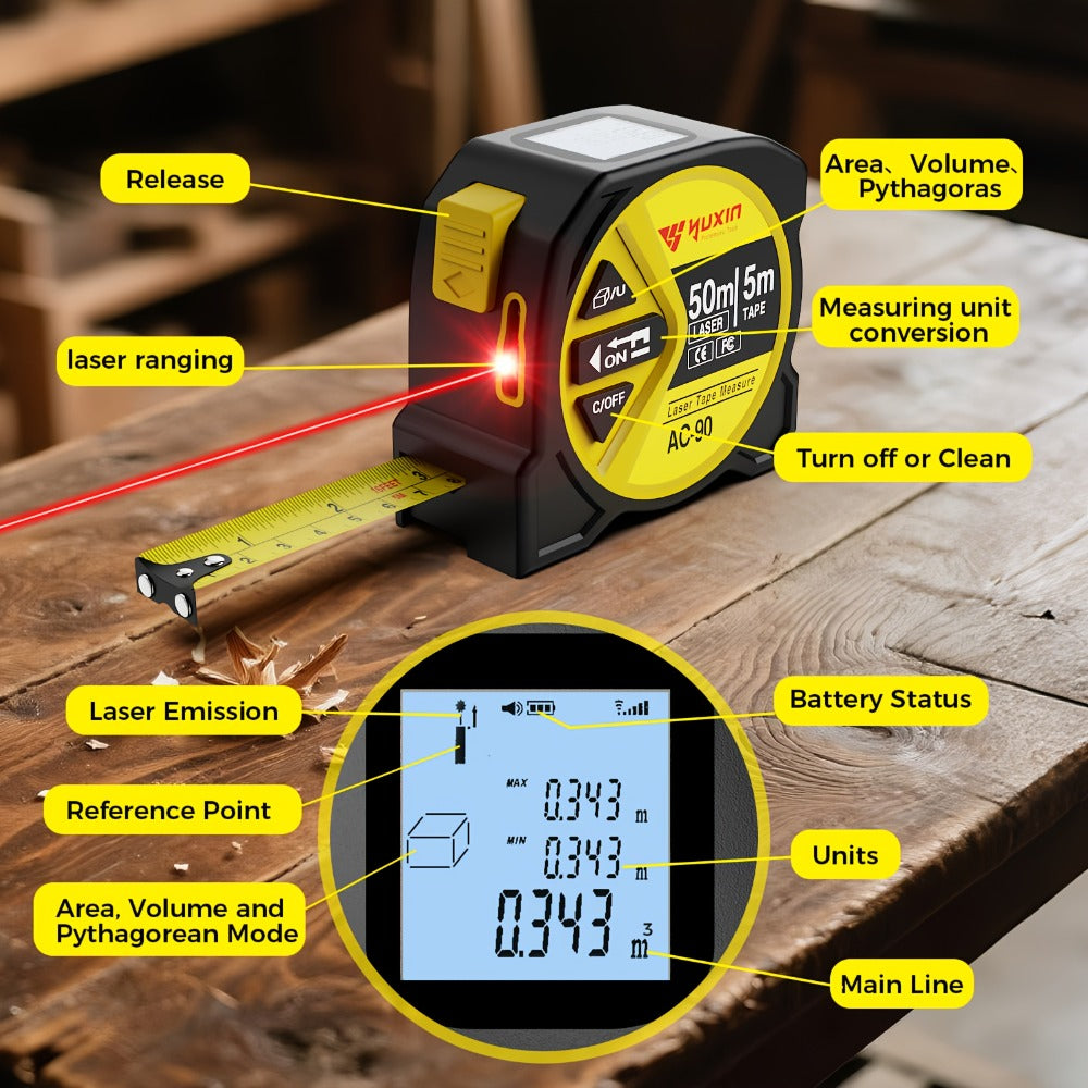 Laser Tape Measure 3-in-1 Digital Distance Meter 50M 165ft High Precision Infrared Rangefinder Smart HD Display USB Charging M In Ft Unit Switching Portable Measuring Tool