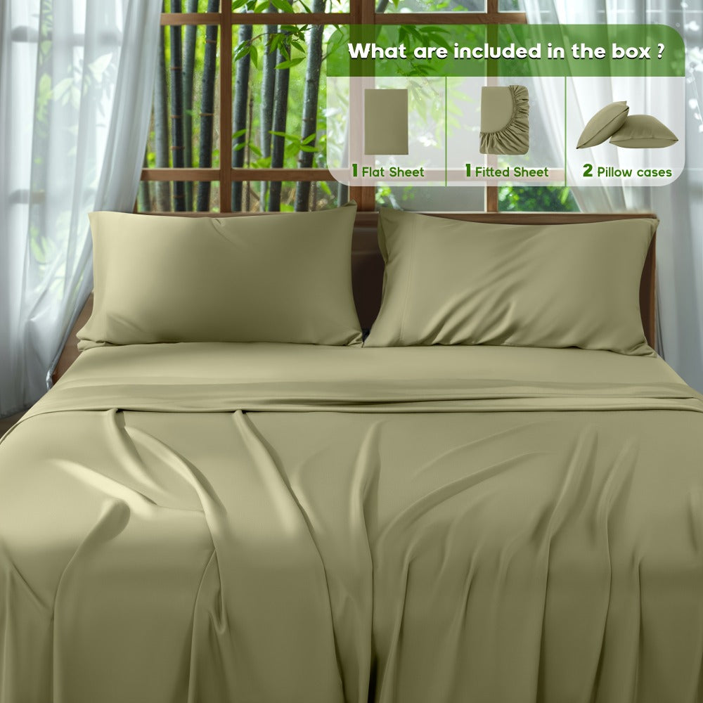 Bamboo Sheet Set 4pcs Cooling Deep Pocket Wrinkle Resistant Bedding All-Season Fitted Flat Sheet 2 Pillowcases Gift Box