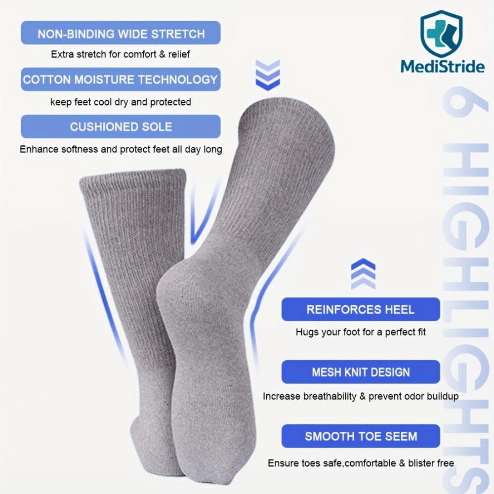 Cotton Diabetic Crew Socks 12 Pairs Non-Binding Neuropathy Loose Fit Seamless Cushioned Full Length for Men Women Edema Sensitive Feet White Black Brown Khaki Navy Grey