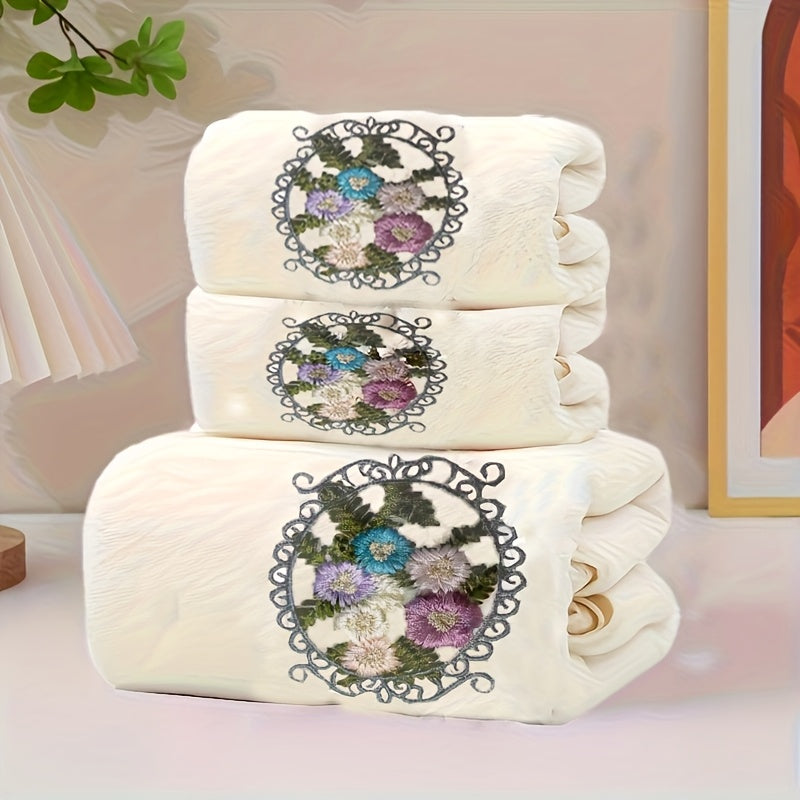 Embroidered Flower Towel Set 3-Piece Soft Absorbent Skin-Friendly Bath Towel and Face Towels for Bathroom Home Bathing Beach