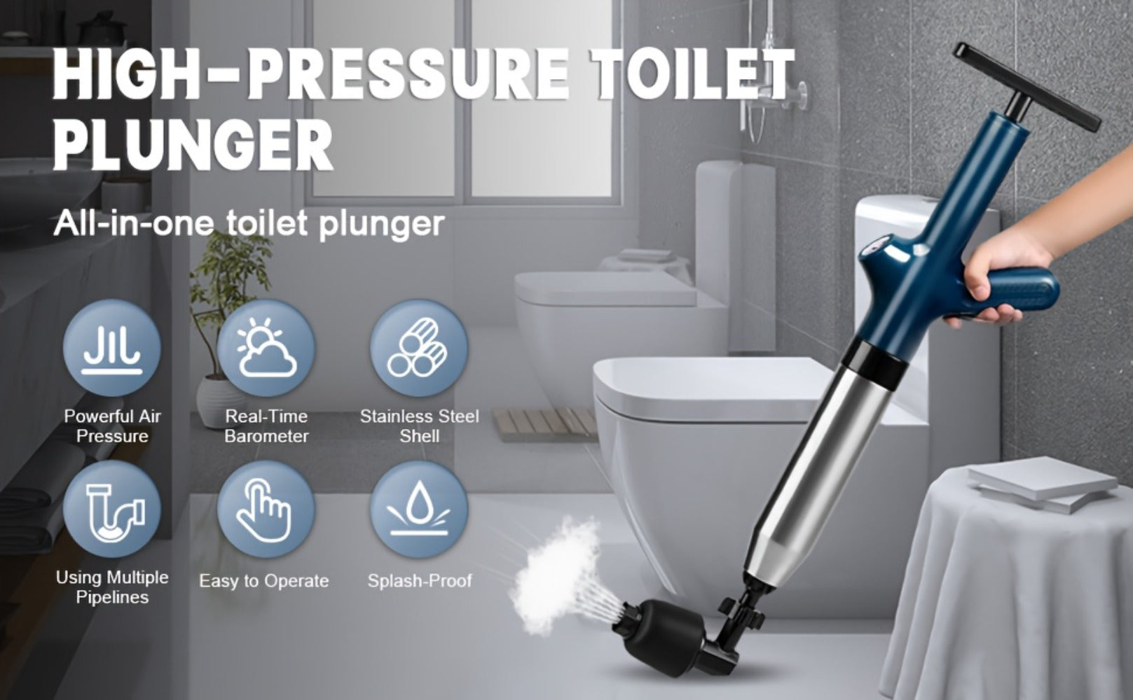 Toilet Plunger Set High Pressure Air Drain Unclogger - Stainless Steel Toilet Snake & Air Discharge Impactor for Clogged Toilet, Kitchen Sink, Bathroom Drain & Pipe Blockage Removal