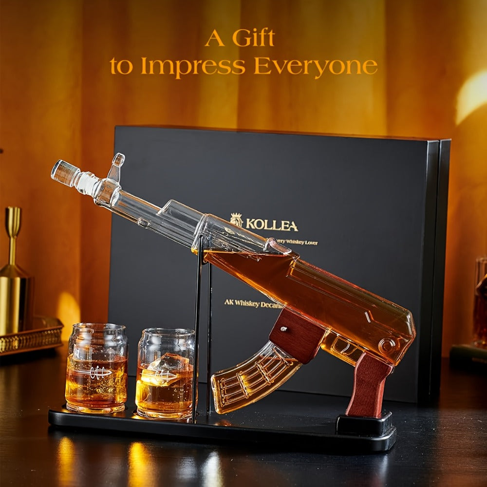 AK-47 Whiskey Gun Decanter Set with Detachable Magazine and Two 6.75oz Glasses, 17.6oz Liquor Dispenser Military Style Home Bar Decanter, Unique Birthday Anniversary Father's Day Gift for Men Dad