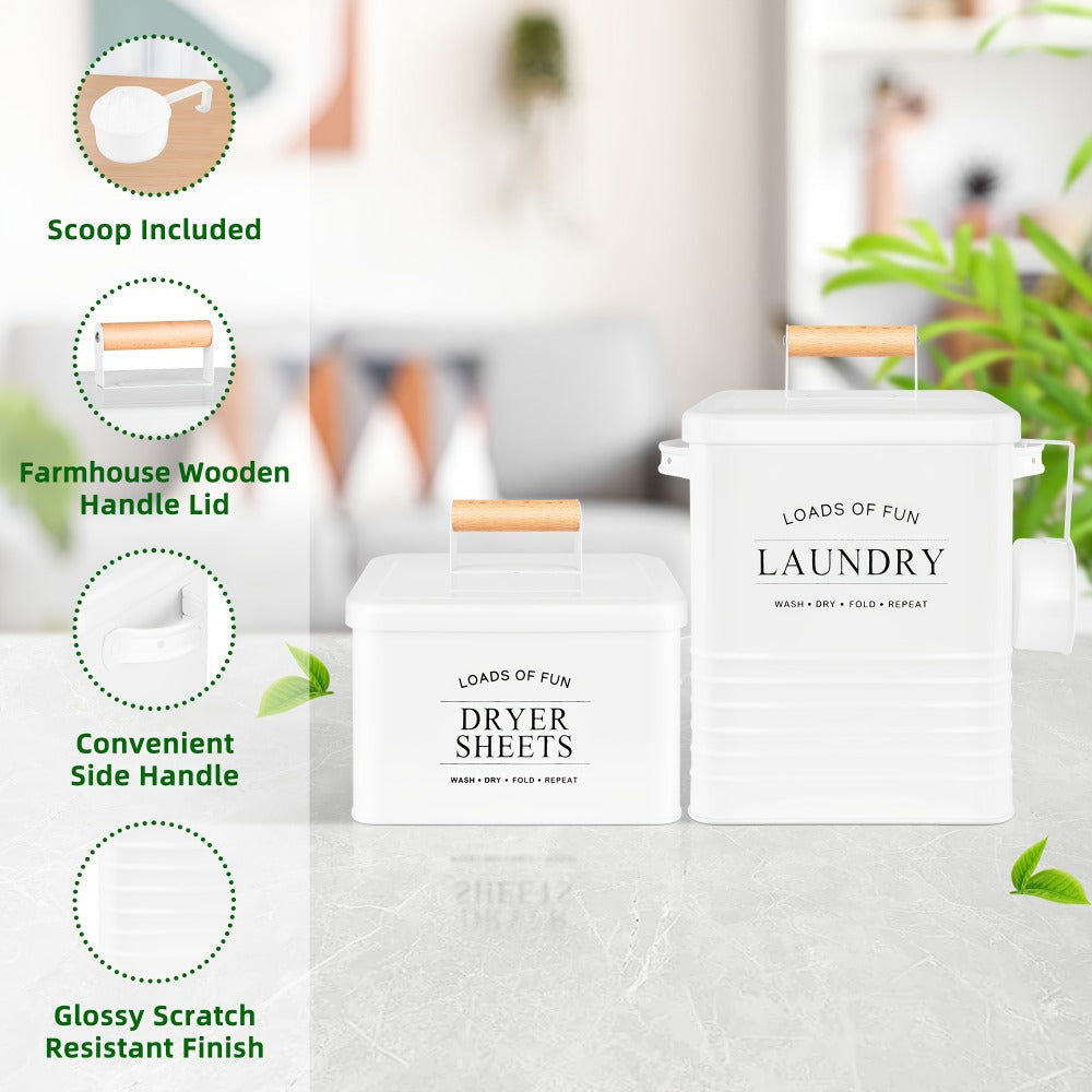 Laundry Pod Container & Dryer Sheet Holder Set with Scoop ¨C Metal Farmhouse Laundry Room Organizer, Detergent Dispenser & Soap Storage