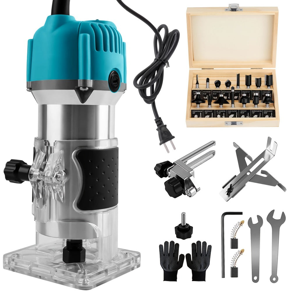 Wood Router 800W Compact Electric Router Tool - 30000 RPM with 15pcs 1/4¡± Router Bits for Woodworking, Trimming, Carving & Engraving