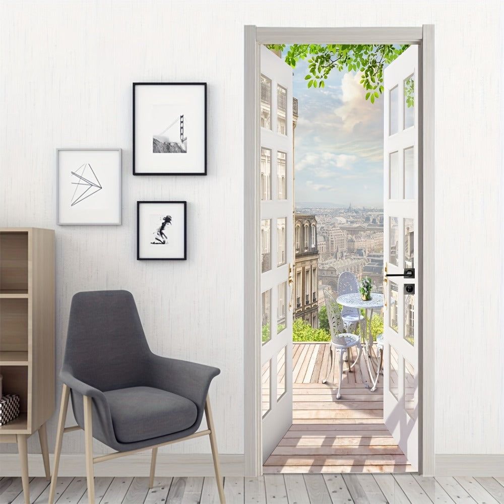 Door Sticker Balcony Scenery Wall Mural ¨C Removable Waterproof Peel & Stick Large Wall Art for Bedroom & Living Room, Faux Window View Home Decor, 35.43 x 78.74 Inches