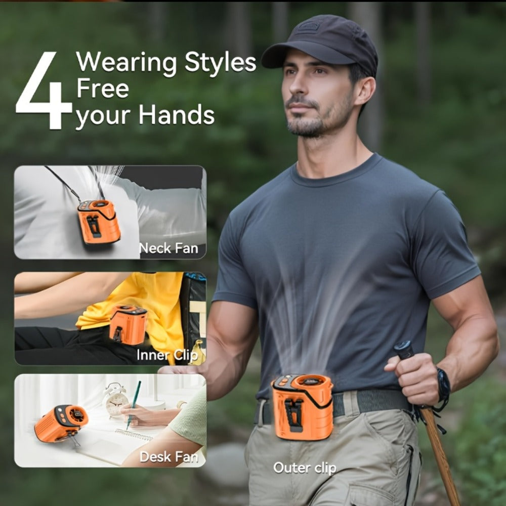 3-in-1 Portable Waist Fan with LED Flashlight & Power Bank | Rechargeable Clip-On Cooling Fan for Outdoor Work, Camping & Construction Sites, 3600mAh Battery, Digital Display