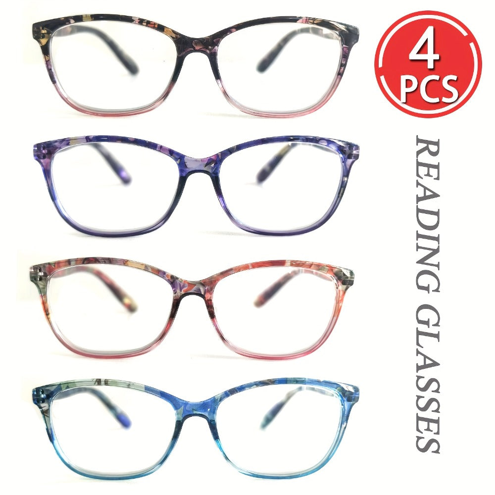 Reading Glasses 4-Pack for Women, Lightweight Oval Frame Anti-Glare Computer Readers with Metal Spring Hinge, Multiple Strengths & Colors, Comfortable Presbyopia Eyeglasses Gift Set for Elders