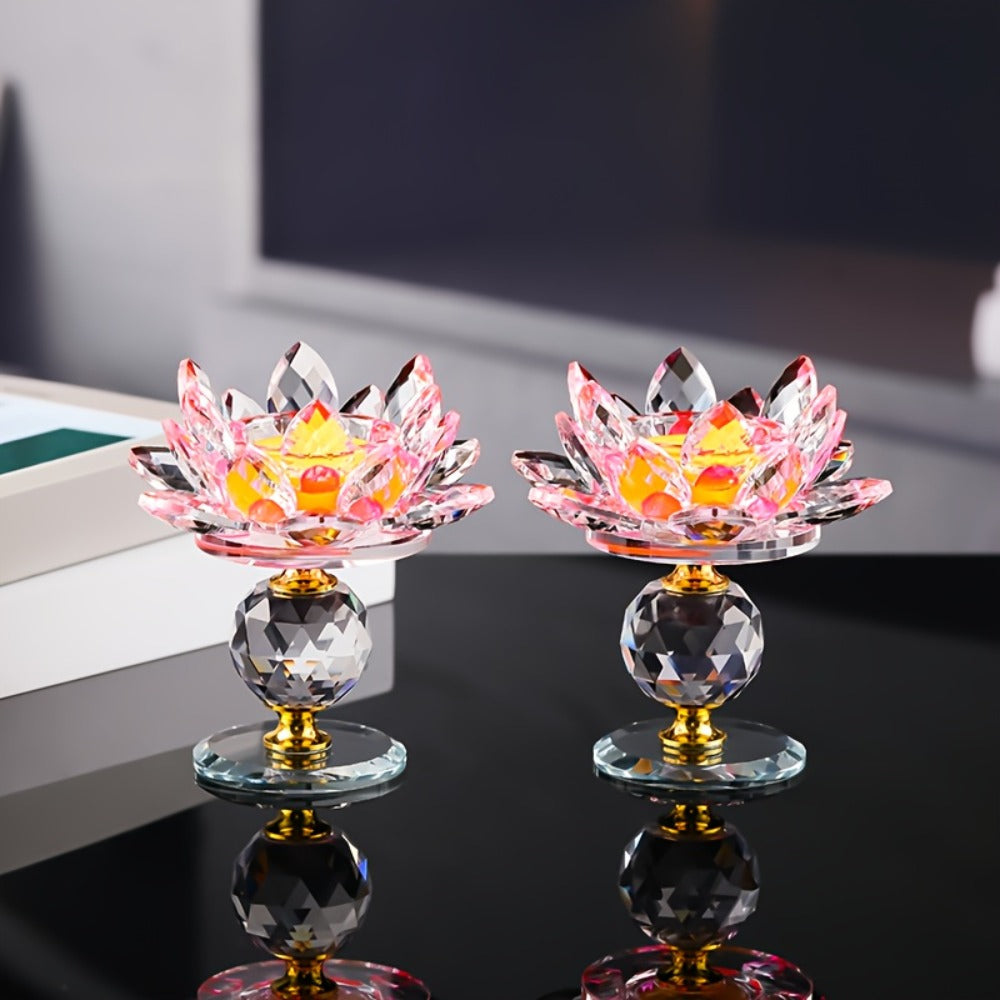 Crystal Lotus Candle Holder 2pcs, Polished Decorative Lotus Candleholder for Tea Light & Pillar Candles, Elegant Home Decor Centerpiece for Christmas, Thanksgiving, Halloween, Easter & Hanukkah ¨C Green, Purple, Blue, Pink
