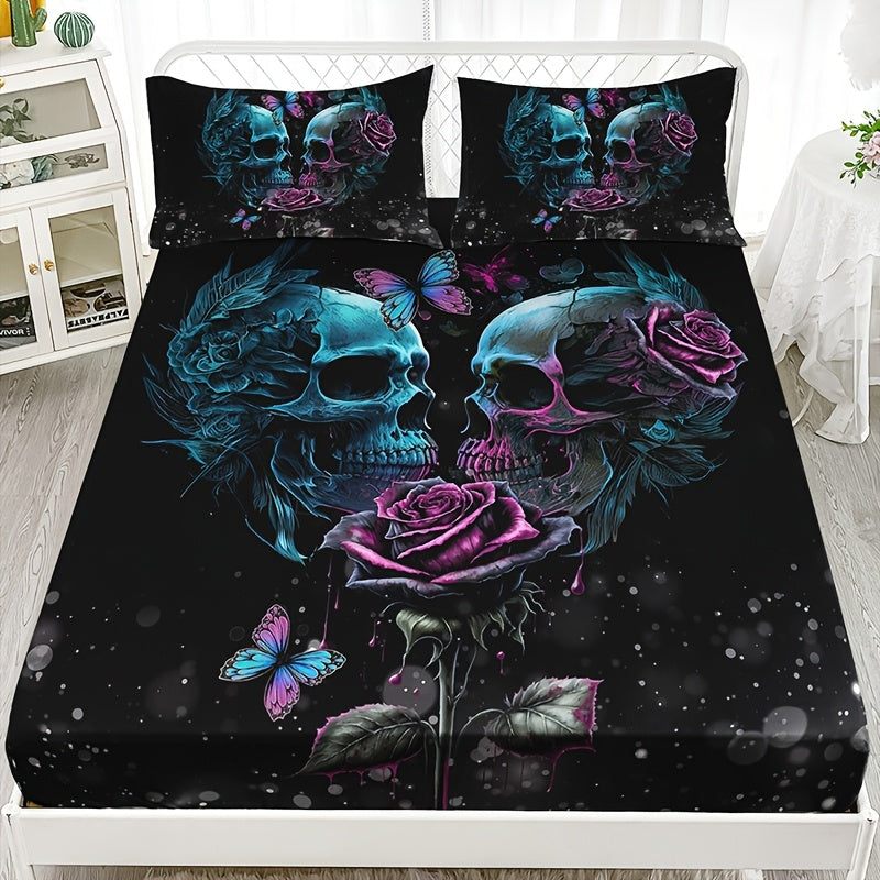 Gothic Skull Rose Fitted Sheet Set 3-Piece Halloween Bedding, HD Print Skull Flower Deep Pocket Fitted Sheet with 2 Pillowcases, Machine Washable Hypoallergenic, Twin Full Queen King, Bedroom Dorm Decor