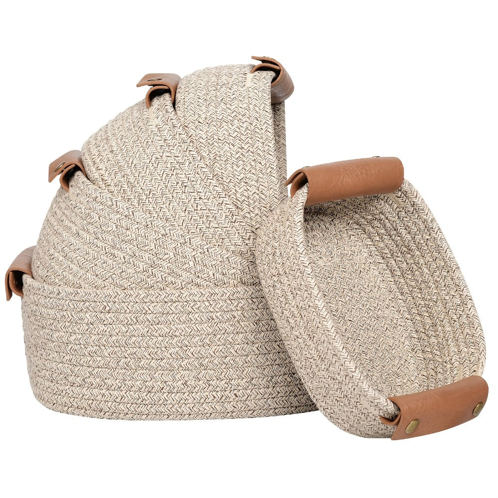 Cotton Rope Storage Basket Set of 5 Woven Baskets with Leather Handles for Shelves Bathroom Bedroom Living Room Office Organizer Bins Boho Home Decor Natural Brown White Black