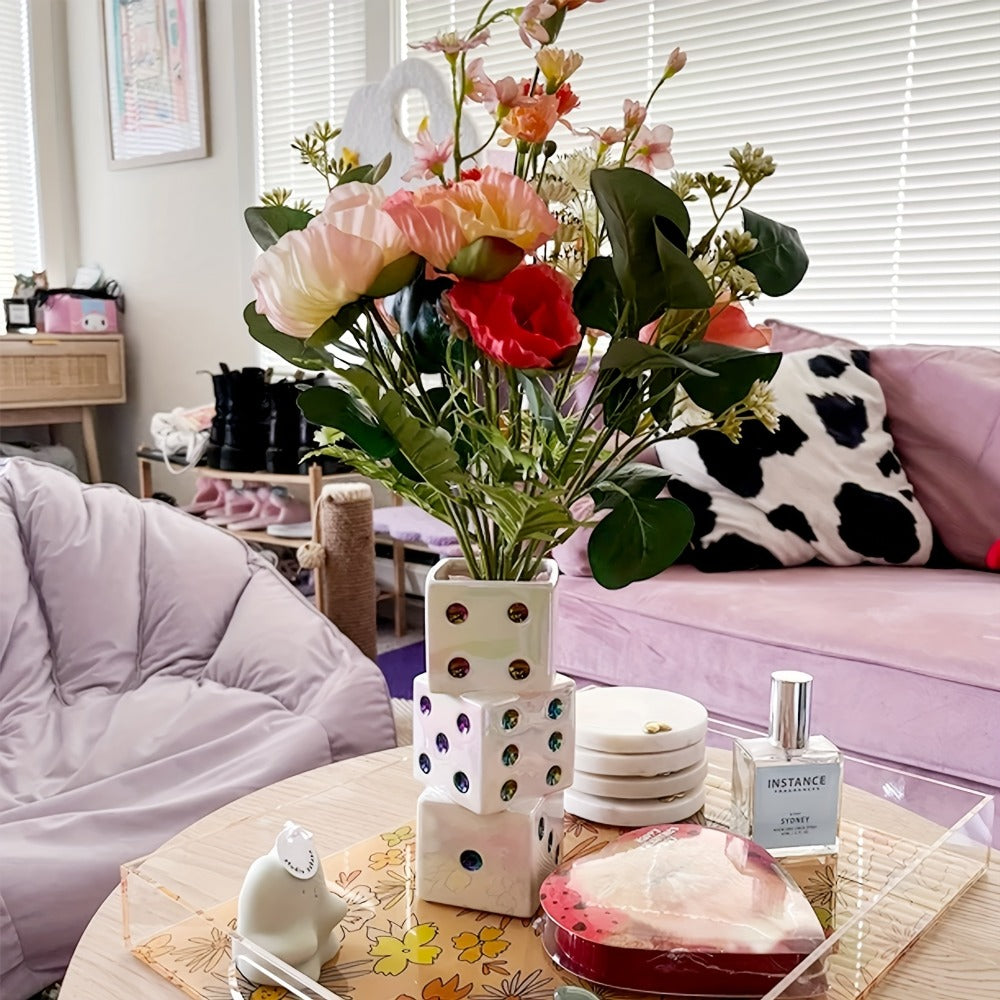 Ceramic Dice Vase for Dried Flowers Pampas Grass Rose Modern Square Flower Vase Unique Home Decor Gift Handmade Decorative Vase for Living Room Shelf Table
