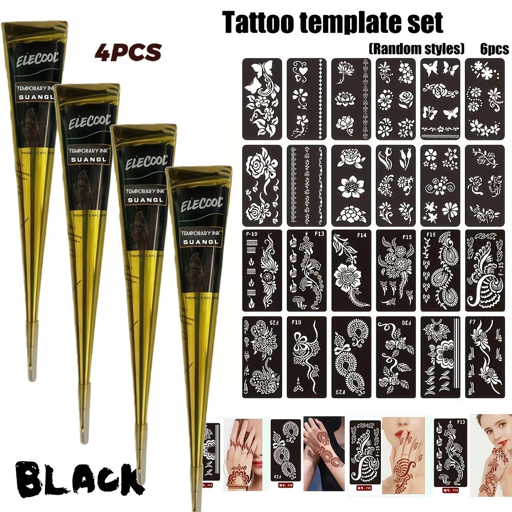 Temporary Semi-Permanent Tattoo Paste Kit - Waterproof Body Art Gel in Brown & Black with Tattoo Templates, Safe Non-Irritating Henna-Style Ink for Parties, Festivals, Cosplay & Daily Decoration