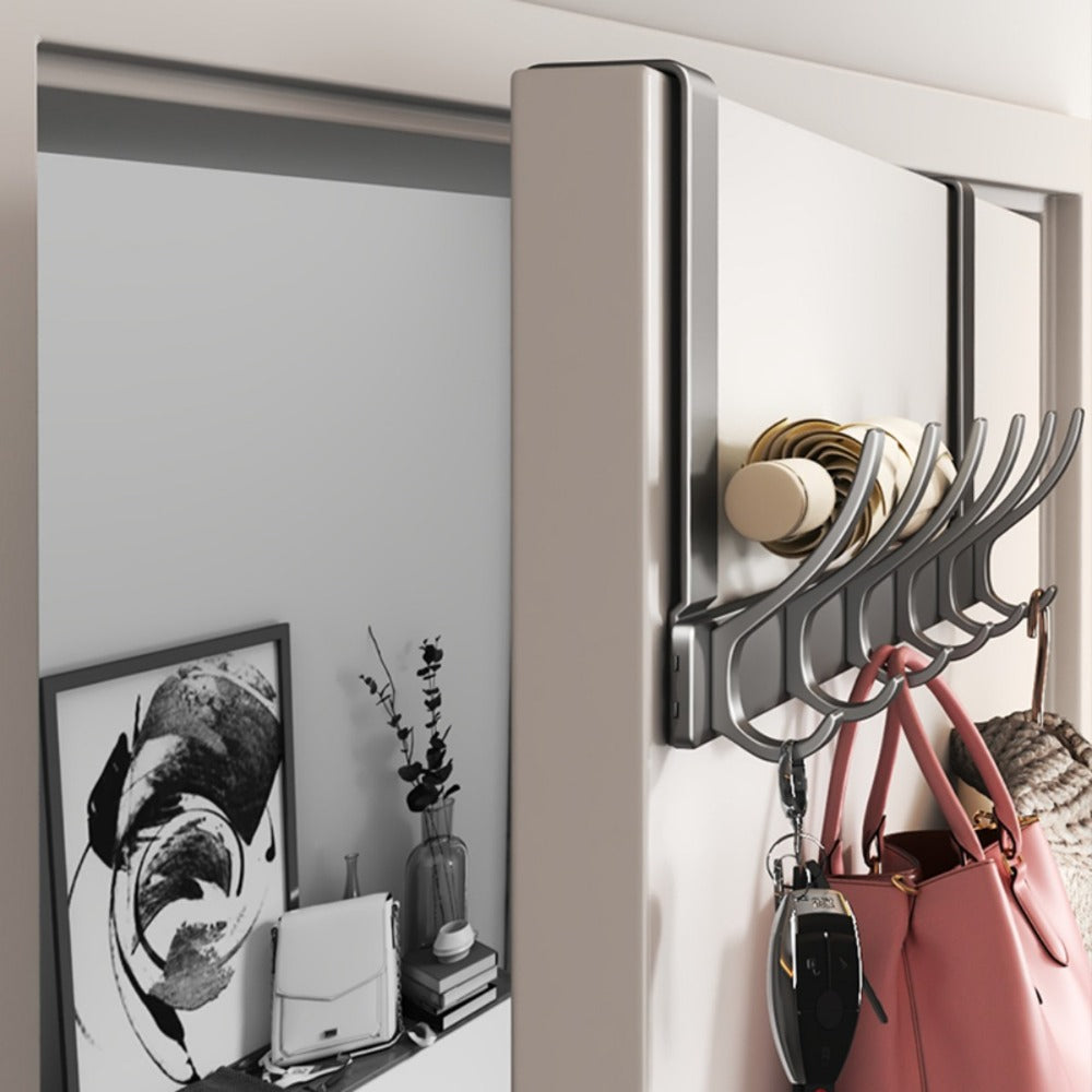 Over Door Hook Hanger with 5-6 Hooks, No Drill Metal Door Organizer for Hats Keys Bags Entryway Bathroom Bedroom