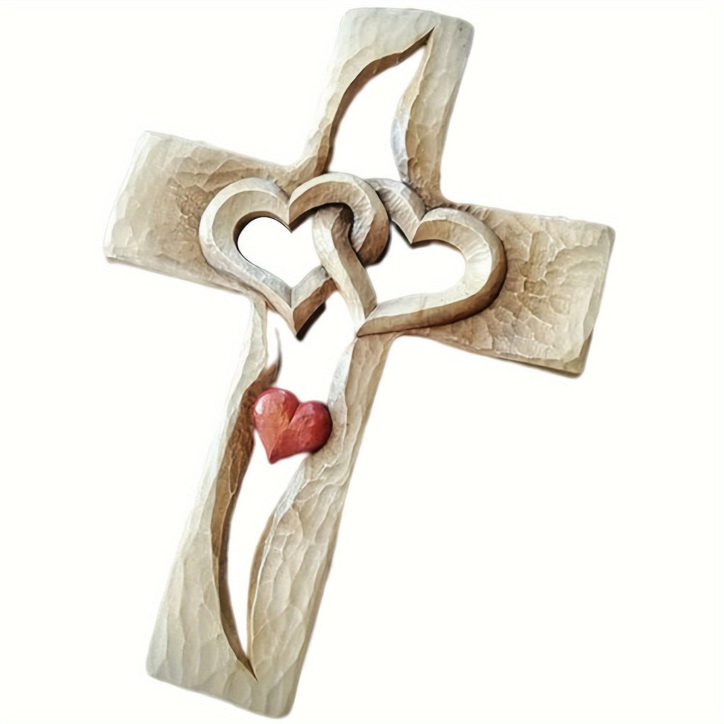 Cross Wall Decor Resin Handcrafted Hearts Intertwined Love Cross, Decorative Wall Cross for Living Room Bedroom Home Decor, Christian Religious Gift for Easter Christmas Housewarming