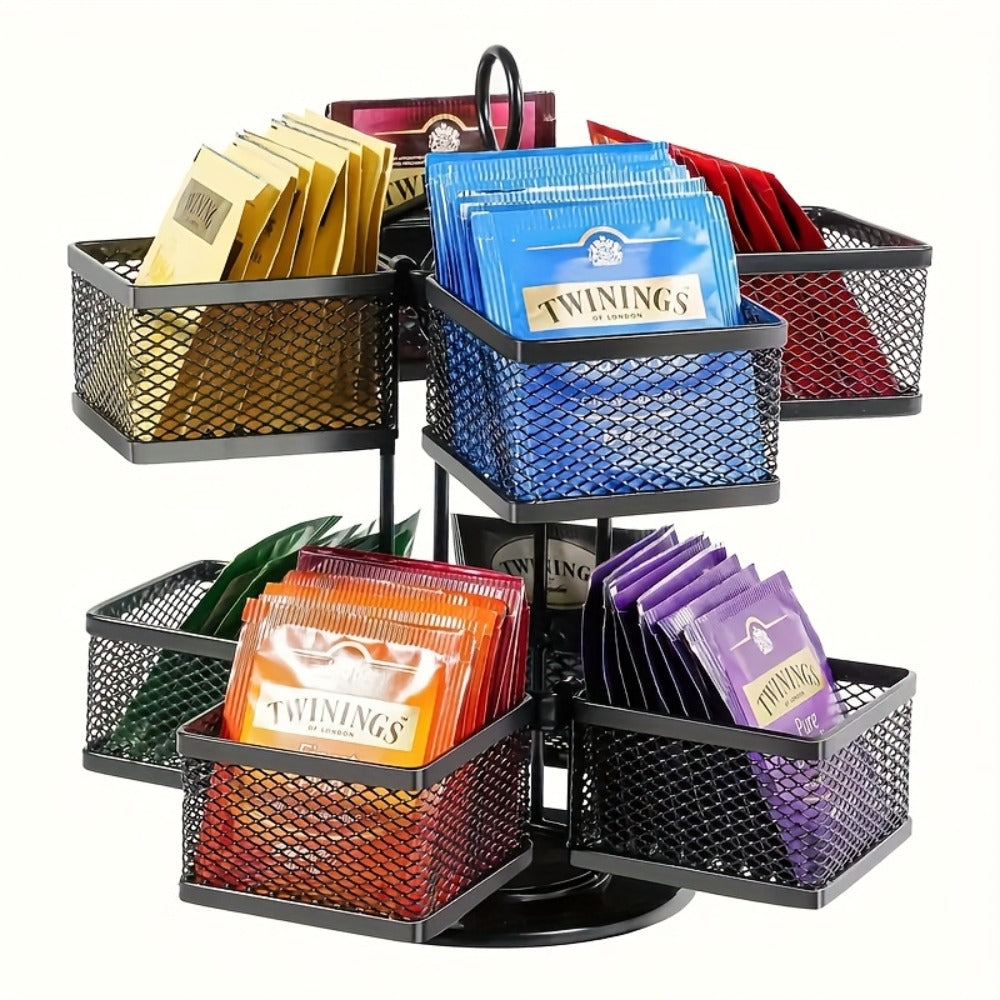 Tea Bag Organizer 360-Degree Spinning Carousel with 8 Compartments ¨C Lazy Susan Tea Bag Holder Display Rack for Kitchen Counter Coffee Bar Home Office ¨C Black