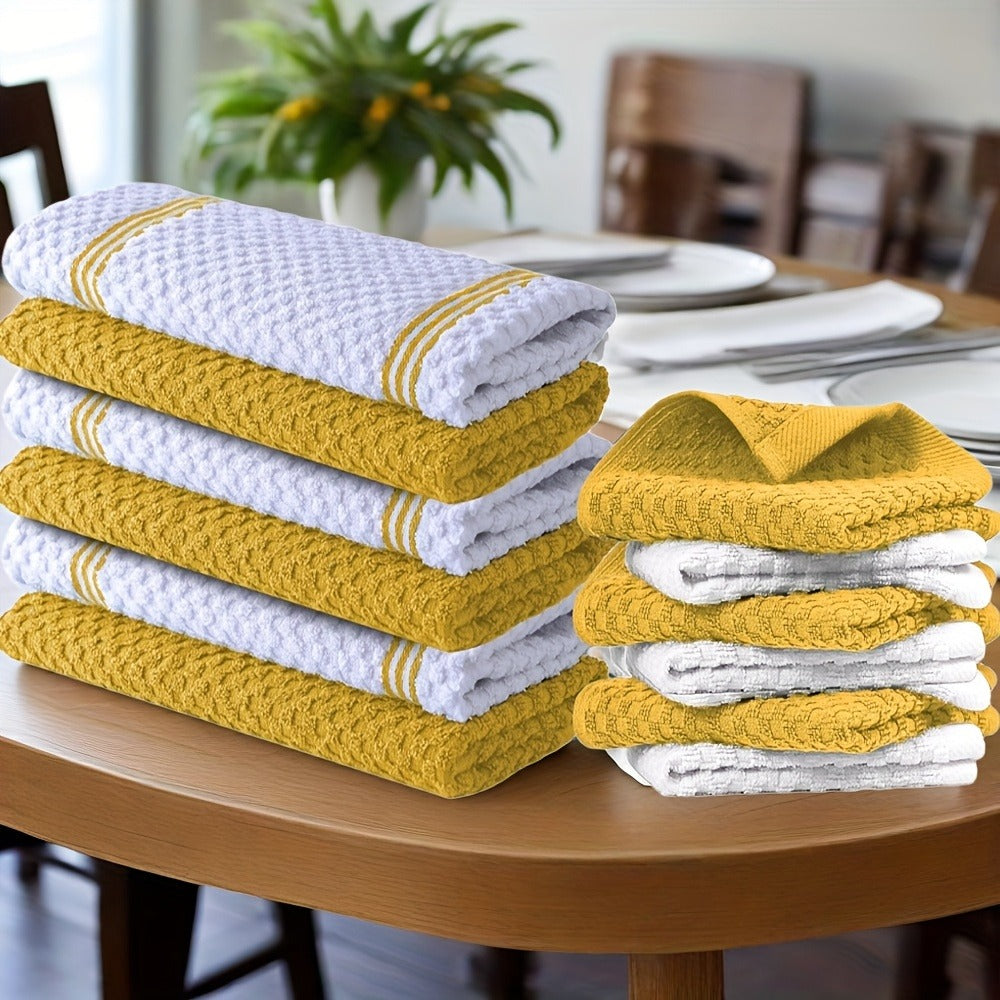 Cotton Kitchen Dish Towel Set 12pcs | 6 Hand Towels 15¡±x25¡± & 6 Wash Towels 12¡±x12¡± | Striped Weave Absorbent Durable Towels for Cooking Cleaning Drying