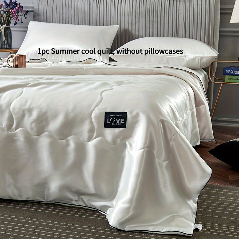 Cooling Satin Quilt Summer Comforter Ultra-Soft Breathable Lightweight Blanket, Machine Washable Satin Weave Bedspread for Home Dorm Hotel, Twin Full Size, White Silvery Grey Pink Lake Blue