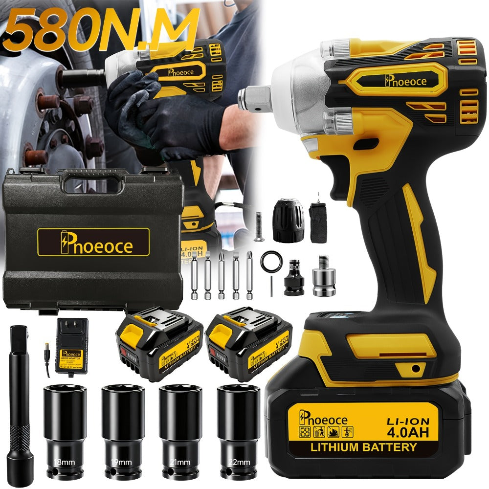 Cordless Brushless Impact Wrench Set 21V, 1/2'' High Torque Impact Gun with 4000mAh Rechargeable Battery, Fast Charger, Variable Speed Control, Complete Accessories for Car, Motorcycle & Home Repair