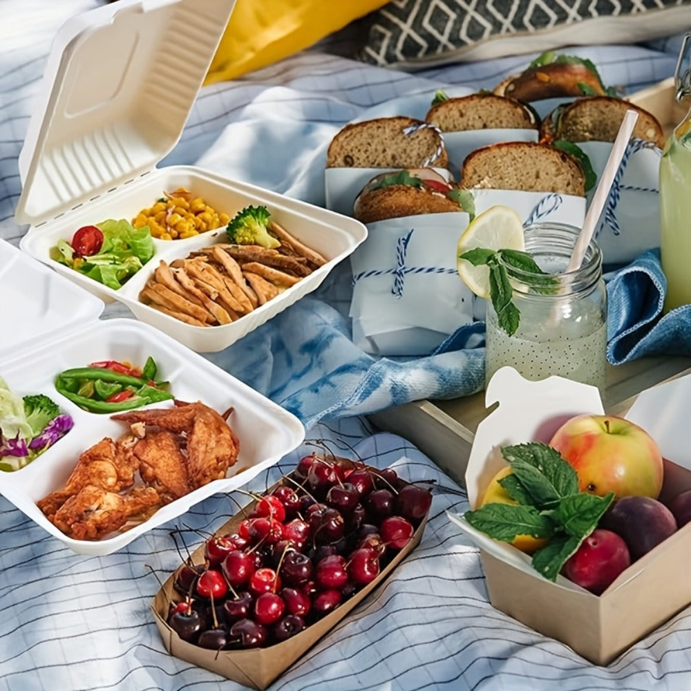 Disposable Food Containers Take Out Boxes with Lids - 7¡± 8¡± 9¡± Plastic Clamshell Meal Prep Containers BPA Free 1 & 3 Compartment Heavy Duty Reusable White