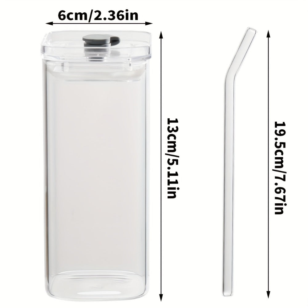 Square Glass Cups with Lids and Straws Set - 13oz BPA-Free Coffee Drinking Glasses for Home Office Outdoor