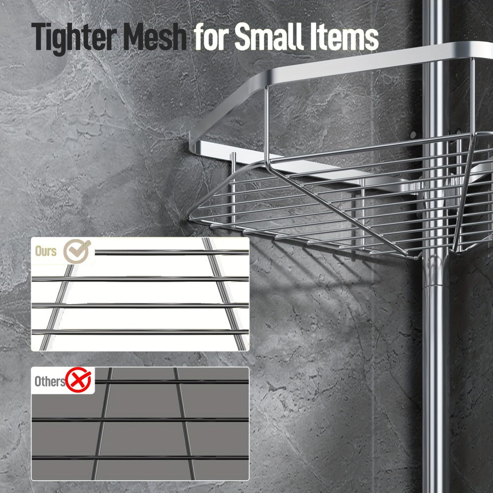 Corner Shower Caddy Tension Pole No Drilling Shower Organizer Shelf with Hooks for Bathroom Bathtub Shampoo Soap Storage Adjustable Height Rustproof