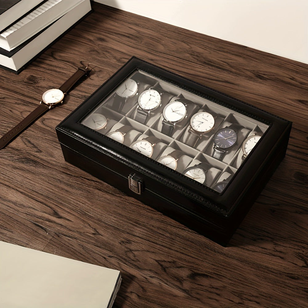 Watch Box Organizer 12 Slot PU Leather, Watch Display Case with Glass Lid Removable Pillow Metal Clasp, Jewelry Box Gift for Him Her Valentine's Day Birthday Christmas