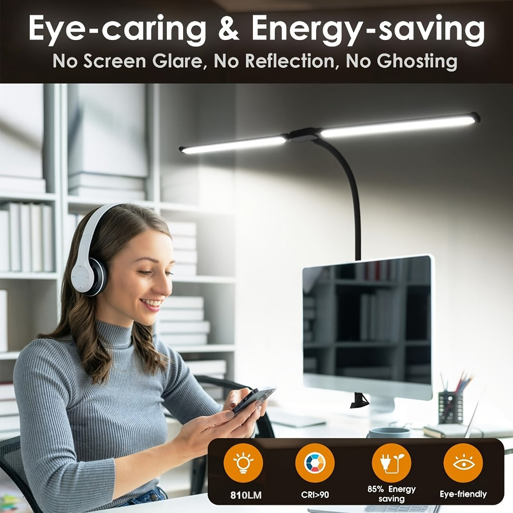 Dual Head LED Desk Lamp Touch Control 3 Color Modes 10 Brightness Levels Flexible Gooseneck Eye Care 13W USB Powered Base and Clip for Home Office Study PC Gaming Black