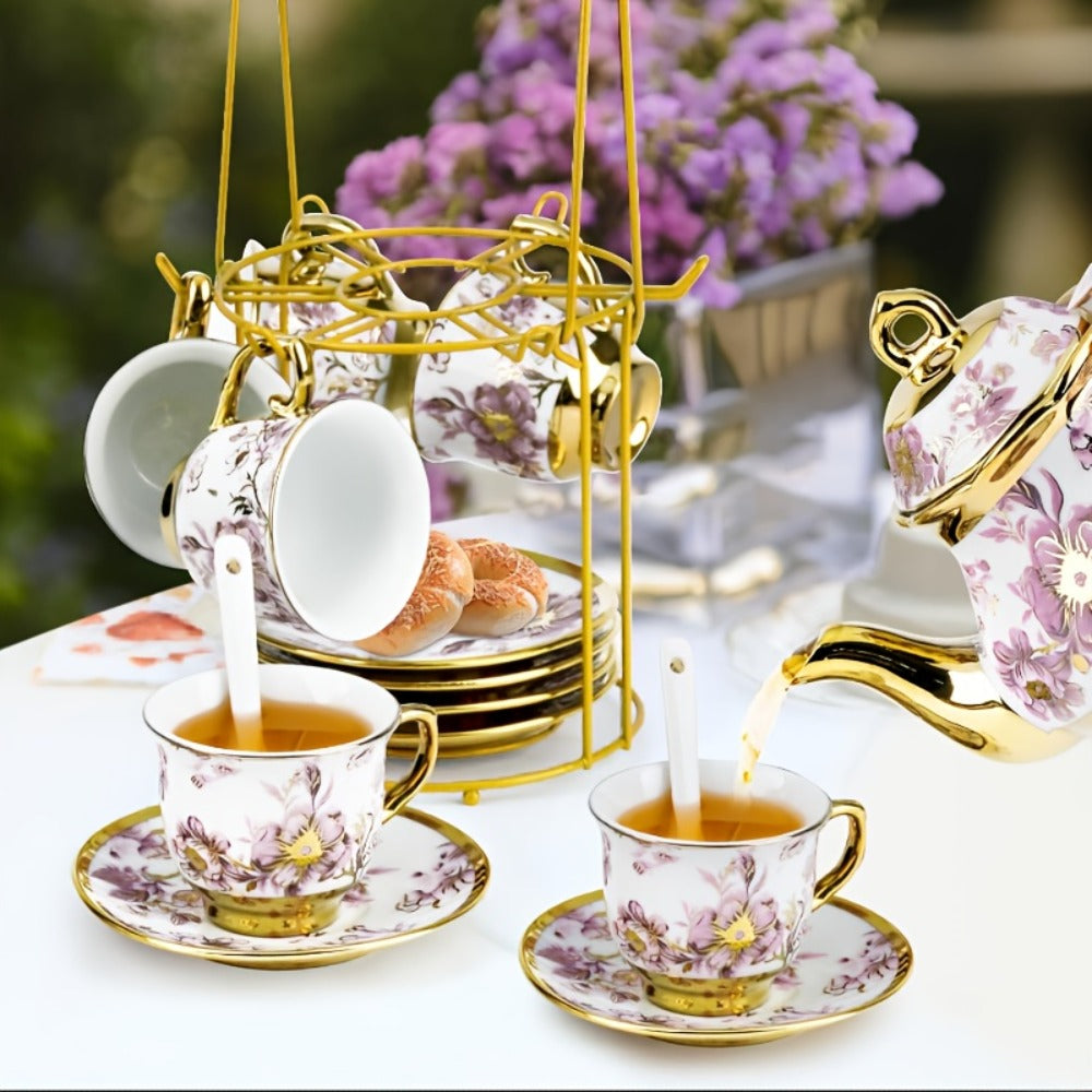 20-Piece Floral Ceramic Tea Set with Saucers & Metal Stand | European Afternoon Tea Service, Blooming Design, Complete Tea Accessories, Gift for Tea Lovers