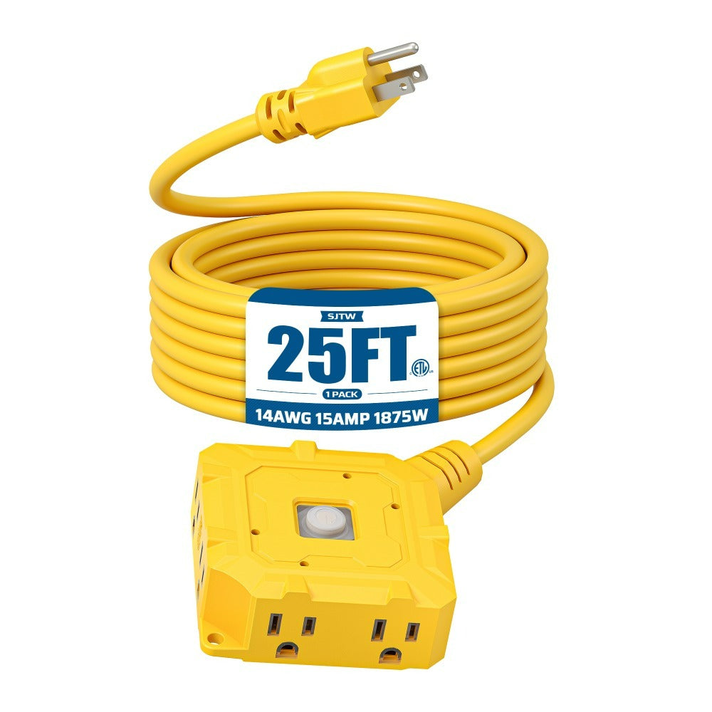 Heavy Duty Extension Cord 25ft 6-Outlet SJTW 14AWG with Protective Cover & On/Off Switch ¨C Outdoor Indoor Power Strip Cord for Workshop, Garage, Christmas Lights, Tools