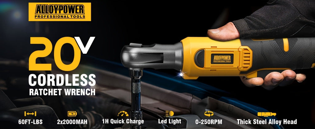 Cordless Ratchet Wrench Set 3/8 Inch 60FT-LBS 80Nm Electric Ratchet 2x20V Rechargeable Variable Speed LED Light 6 Sockets 1/4 Adapter 3 Inch Extension Rod Yellow