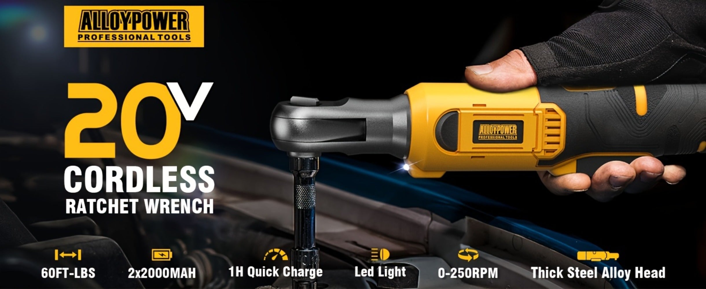 Cordless Ratchet Wrench Set 3/8 Inch 60FT-LBS 80Nm Electric Ratchet 2x20V Rechargeable Variable Speed LED Light 6 Sockets 1/4 Adapter 3 Inch Extension Rod Yellow