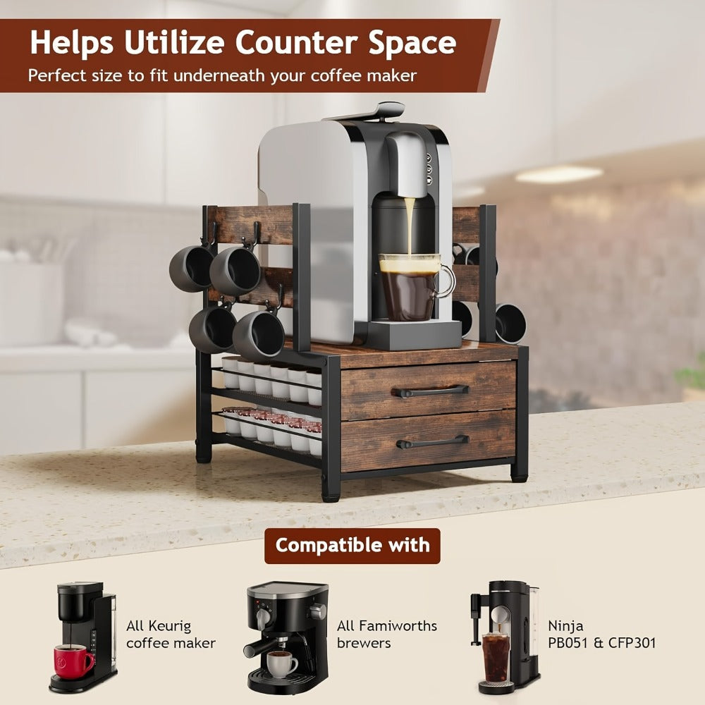 Coffee Pod Holder and Mug Rack - K Cup Capsule Organizer 70 Capacity Single Double Layer Coffee Machine Stand Countertop Storage | Rustic Brown | Kitchen Coffee Bar Organizer Gift