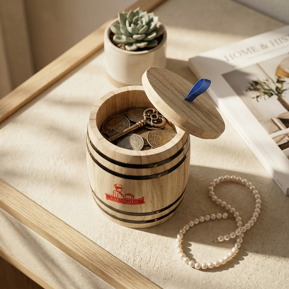 Wooden Barrel Storage Jar with Lid ¨C Rustic Mini Desktop Organizer for Coffee Beans, Sugar, Candy, Keys, Coins & Jewelry | Vintage Handcrafted Trinket Box | Retro Home Office Decor Gift