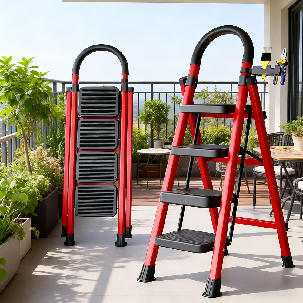 Folding Step Stool Ladder 500lbs Heavy Duty Steel with Anti-Slip Wide Treads & Handrails ¨C Safety Lock, Portable Multi-Step Ladder for Home, Kitchen & Outdoor Use, Mini / Medium / Large