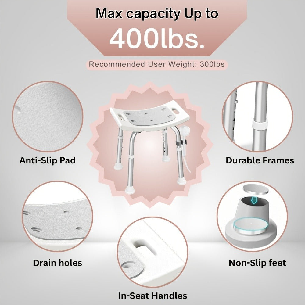 Aluminum Shower Chair 6-Level Adjustable Height Bath Stool Extra Wide Seat Tool-Free Assembly Anti-Slip Feet Lightweight Ergonomic Bath Seat for Elderly Disabled Pregnant Women Post-Surgery Recovery Bathroom Safety White