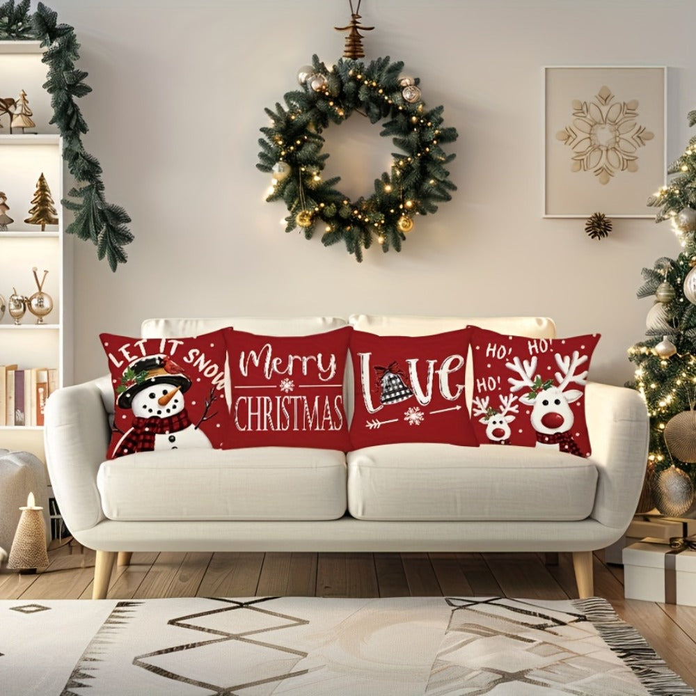 Christmas Throw Pillow Covers 4pcs Set 18x18 | Reindeer Snowman Buffalo Plaid Cushion Covers, Winter Holiday Farmhouse Home Decor, Sofa Couch Porch Patio, No Insert