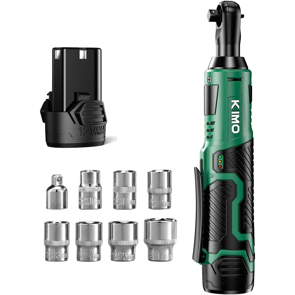 Cordless Ratchet Wrench 3/8 Inch 12V ¨C KIMO 40ft-lb Torque Power Ratchet Set with 2.0Ah Battery, Fast Charger & 8 Sockets