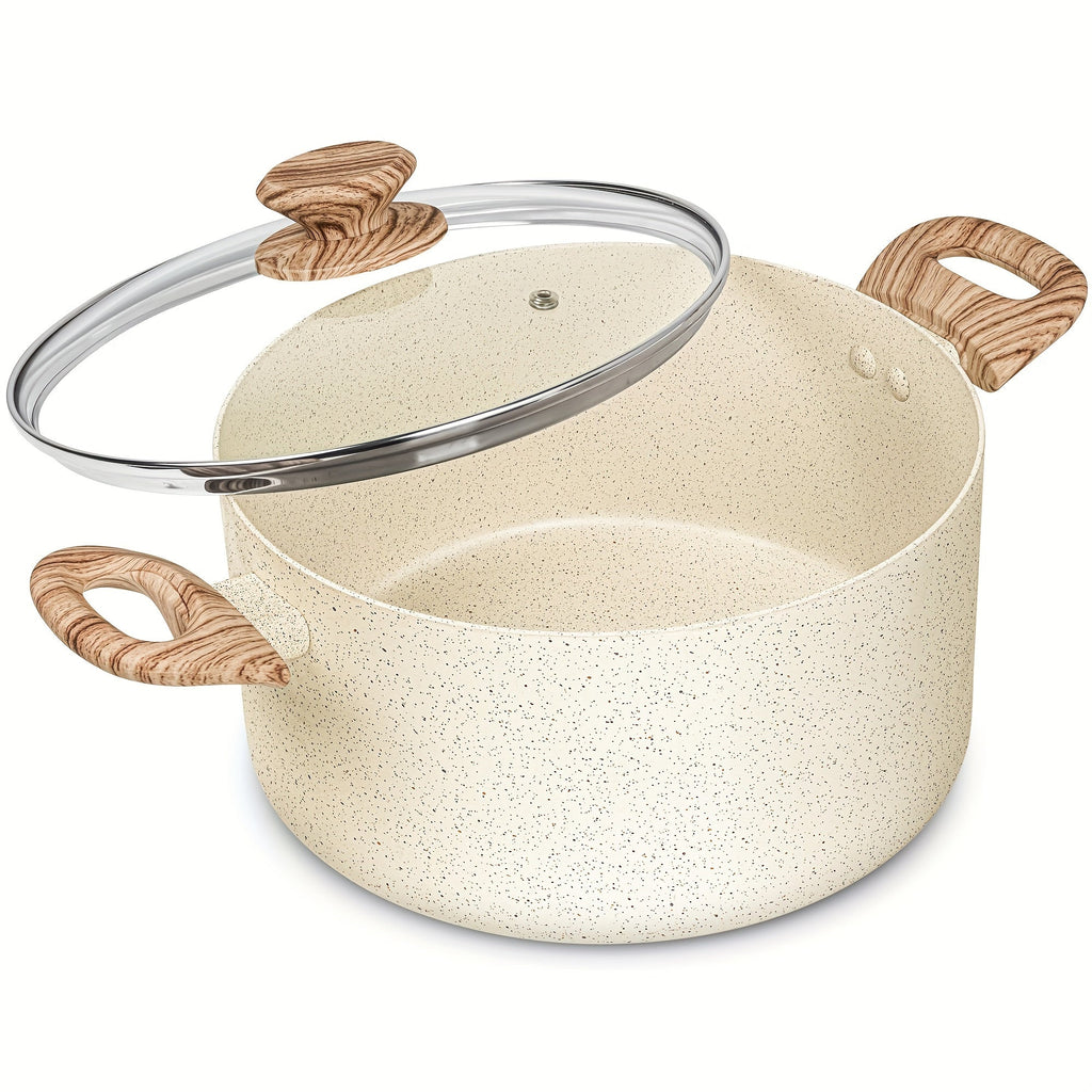 Nonstick Stock Pot Granite Soup Pot with Lid Induction Compatible Aluminum PFOA Free Stay Cool Handle for Soup Stew Pasta Seafood Curry 5qt 6qt 8qt 10qt Black White