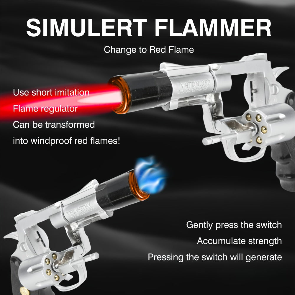 Windproof Butane Lighter with Adjustable Flame | Pistol Revolver & Wheel Design for Camping Outdoor Cooking Grilling BBQ Charcoal Lighting