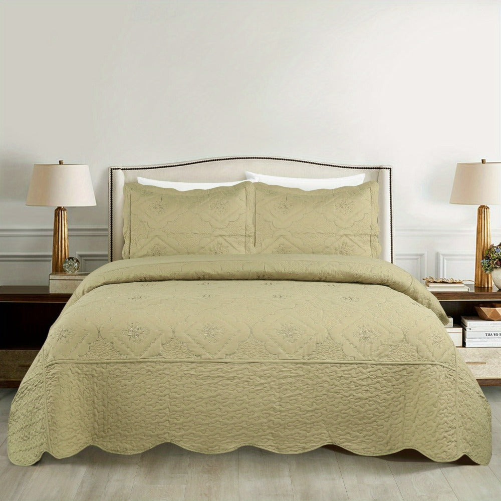 Quilt Set 3 Piece Floral Embroidery Bedspread - 100% Polyester Wrinkle Resistant Lightweight Quilted Coverlet with 2 Pillow Shams for Full Queen King Bed, Elegant Bedroom Decor in 19 Colors