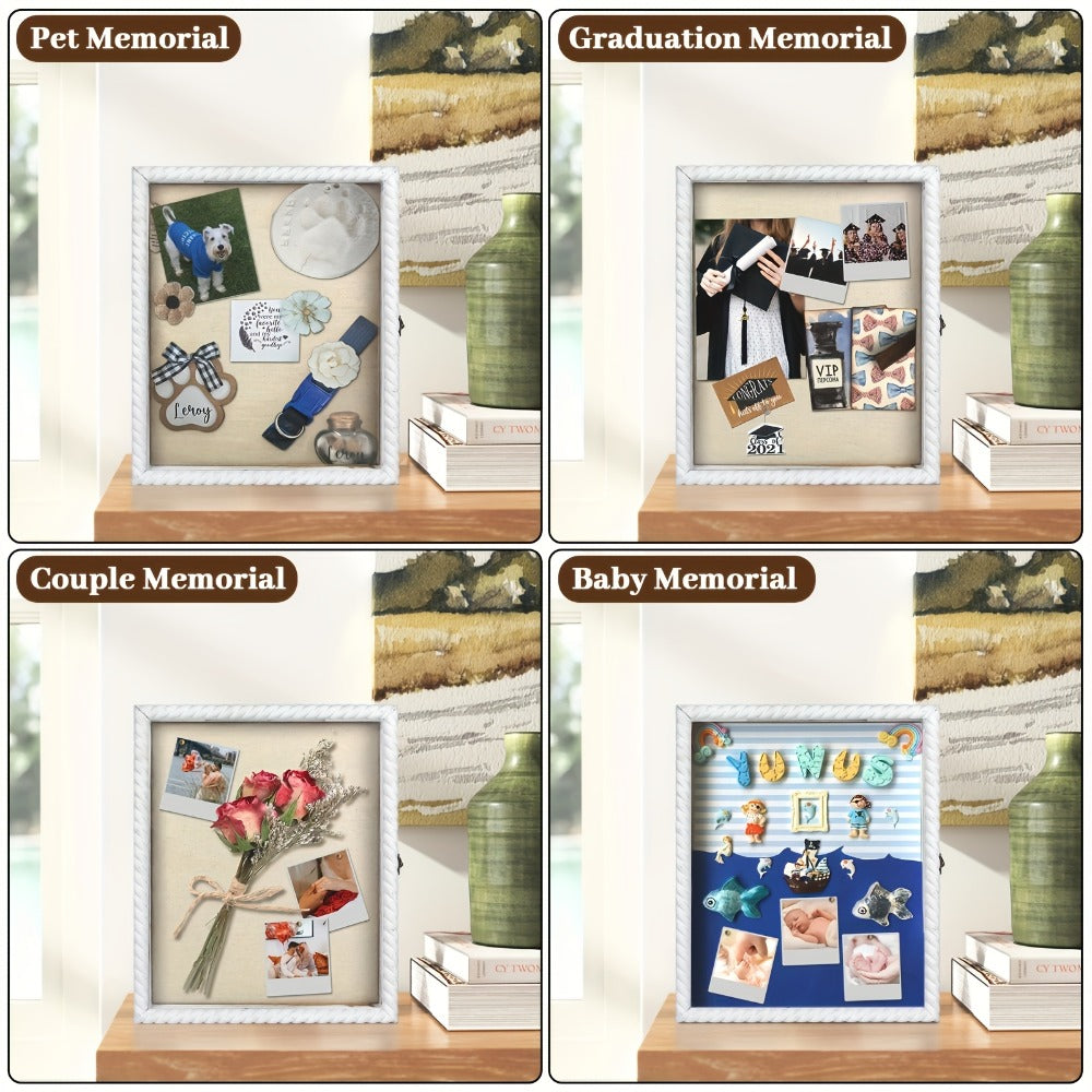 Shadow Box Frame with Linen Back ¨C Large Rustic Memory Display Case 11x14 & 12x16 Inch for Photos, Medals, Coins, Pins, Flowers & Collectibles, 4 Removable Shelves, Black White Brown