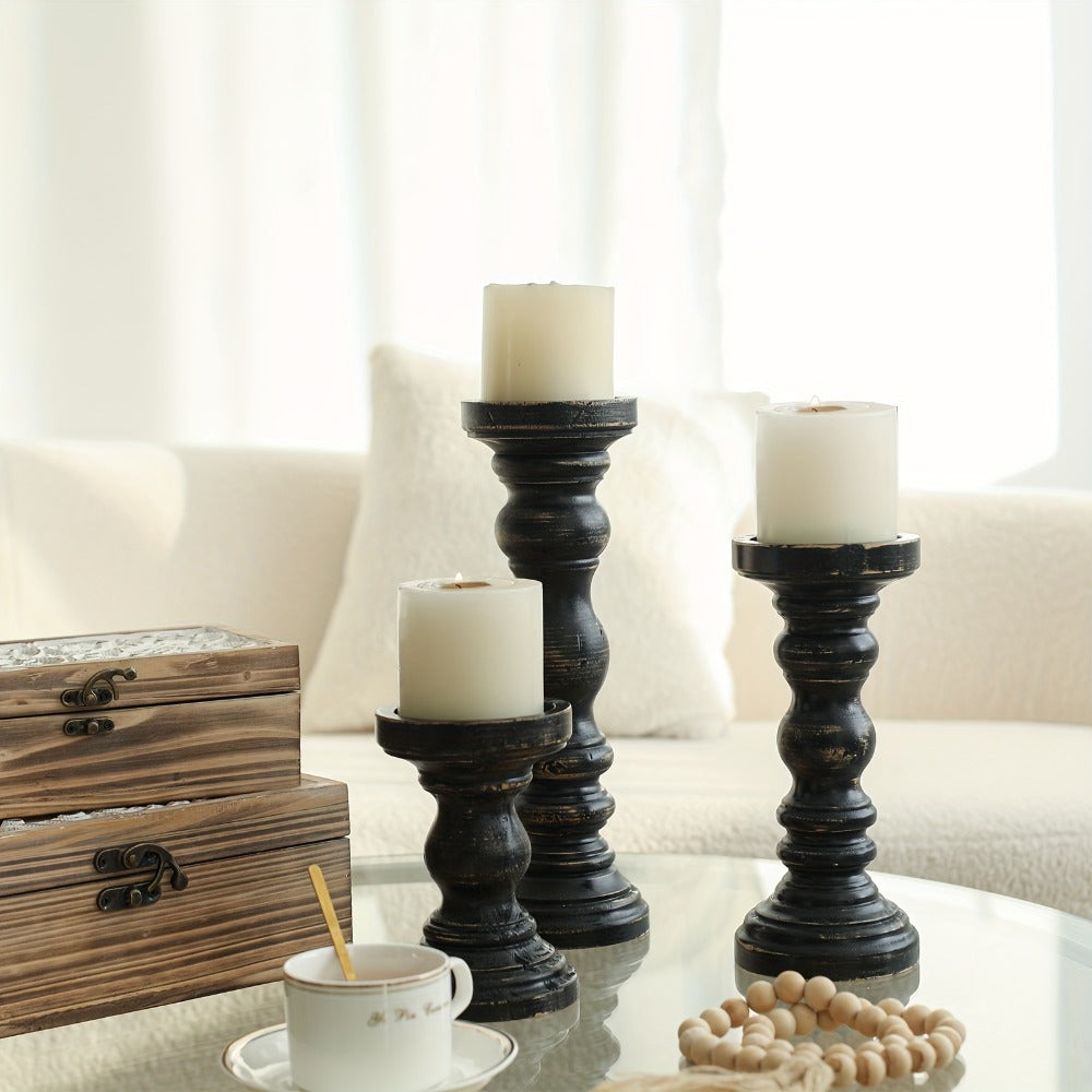 Wood Pillar Candle Holder Set of 3 - Farmhouse Rustic Wooden Candlestick Holders for Pillar Candles, Tiered Tray Decor, Table Centerpiece, Mantel Shelf Home Decor, White Black Brown