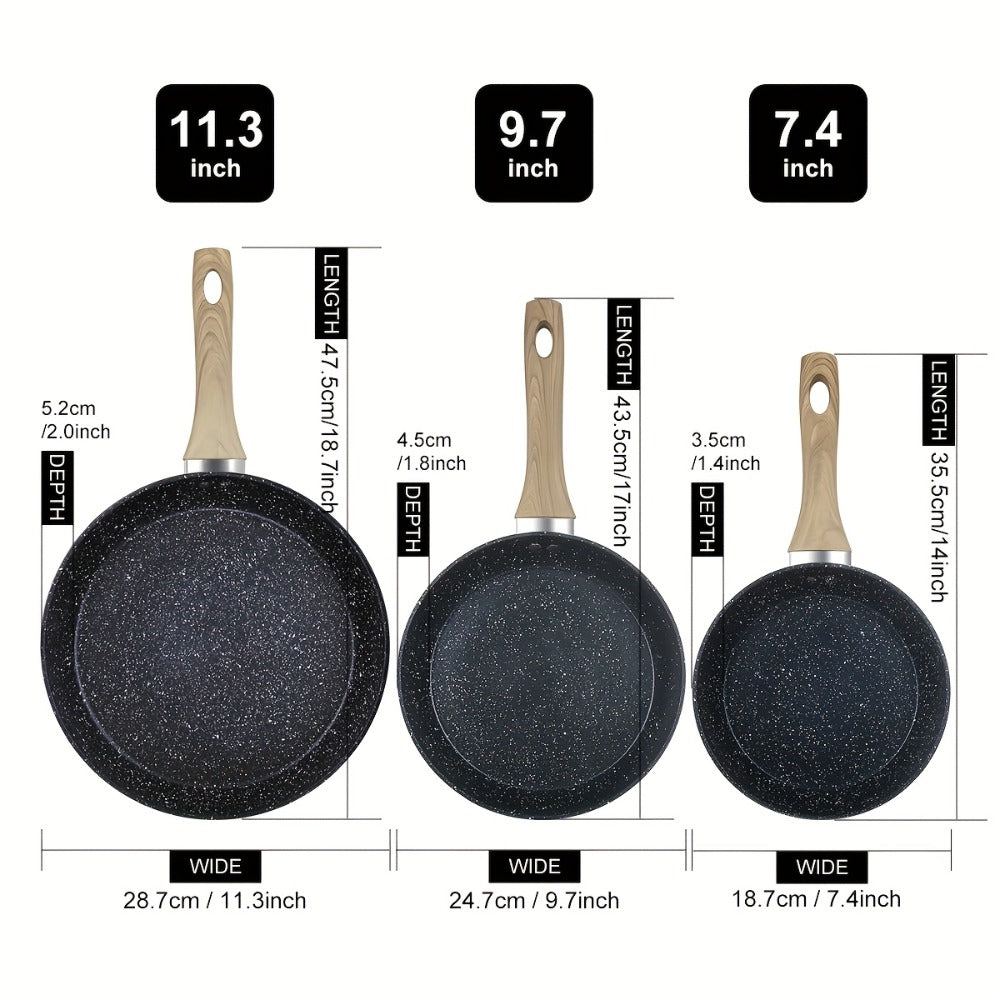 Non-Stick Frying Pan Set 3-Piece 7 9.5 11 Inch ¨C Dishwasher Safe Skillet Set with Insulated Handle | Induction Compatible Home Kitchen Pans in Beige Grey & Black | Durable Even-Heating Cookware