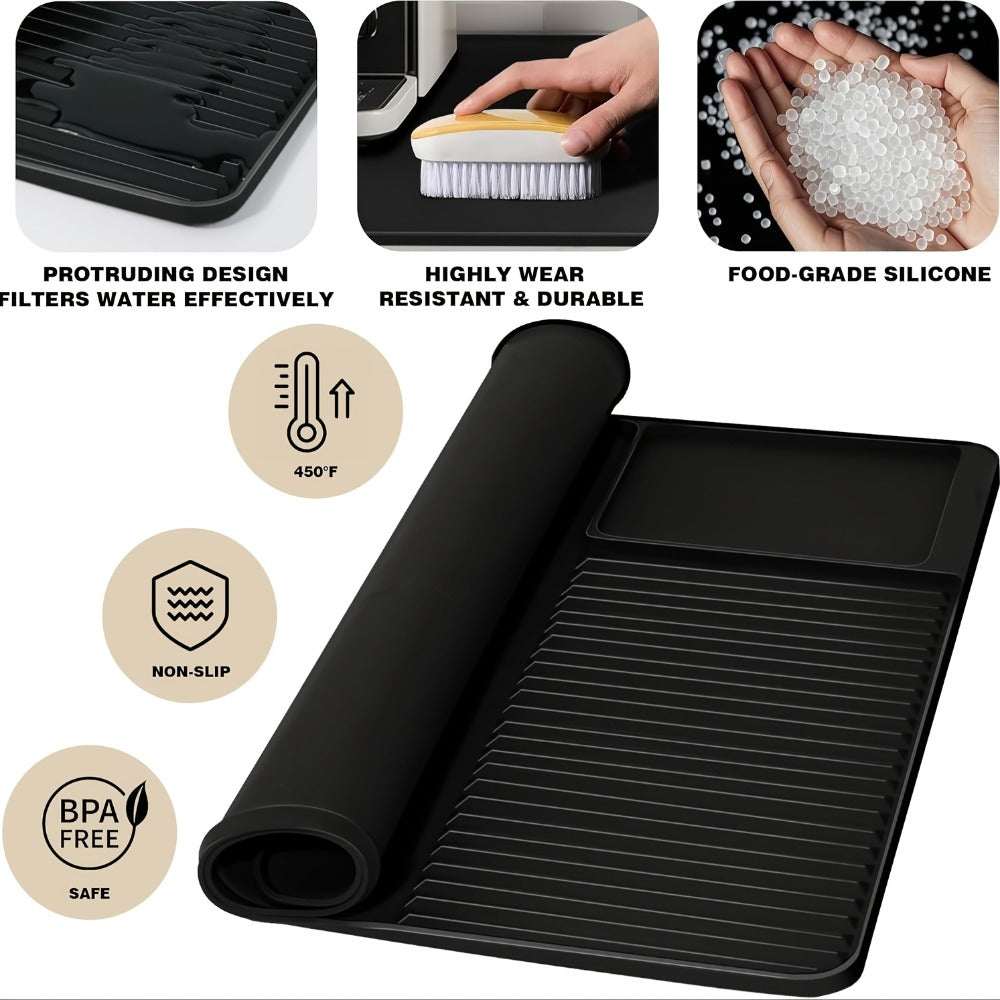 Silicone Coffee Mat with Side Pad 2-in-1, Heat-Resistant Espresso Machine Mat for Kitchen Countertop, Non-Slip Drying Mat for Coffee Bar Accessories, Easy to Clean 23.6x15.7in